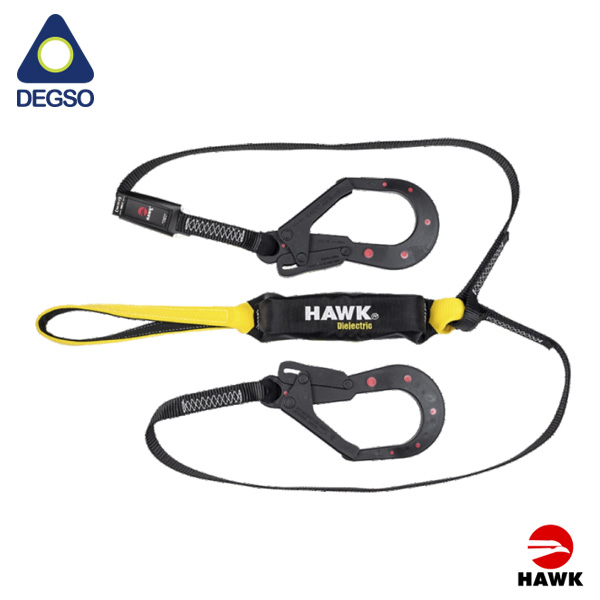 Eslinga de vida de doble brazo dieléctrica de 1,8 m con ganchos grandes recubiertos y diámetro de apertura 55 mm. Con paquete absorbedor y conexión textil al anillo del arnés Cumple EN 355:2002